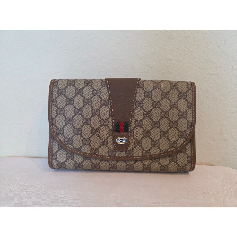 Gucci GG Supreme Clutch Bag Monogram Canvas Brown Leather Vintage Ophidia - Picture 3 of 15